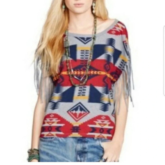 Denim & Supply Ralph Lauren Brown Purple Fringed South Western print top size XS - Picture 9 of 10